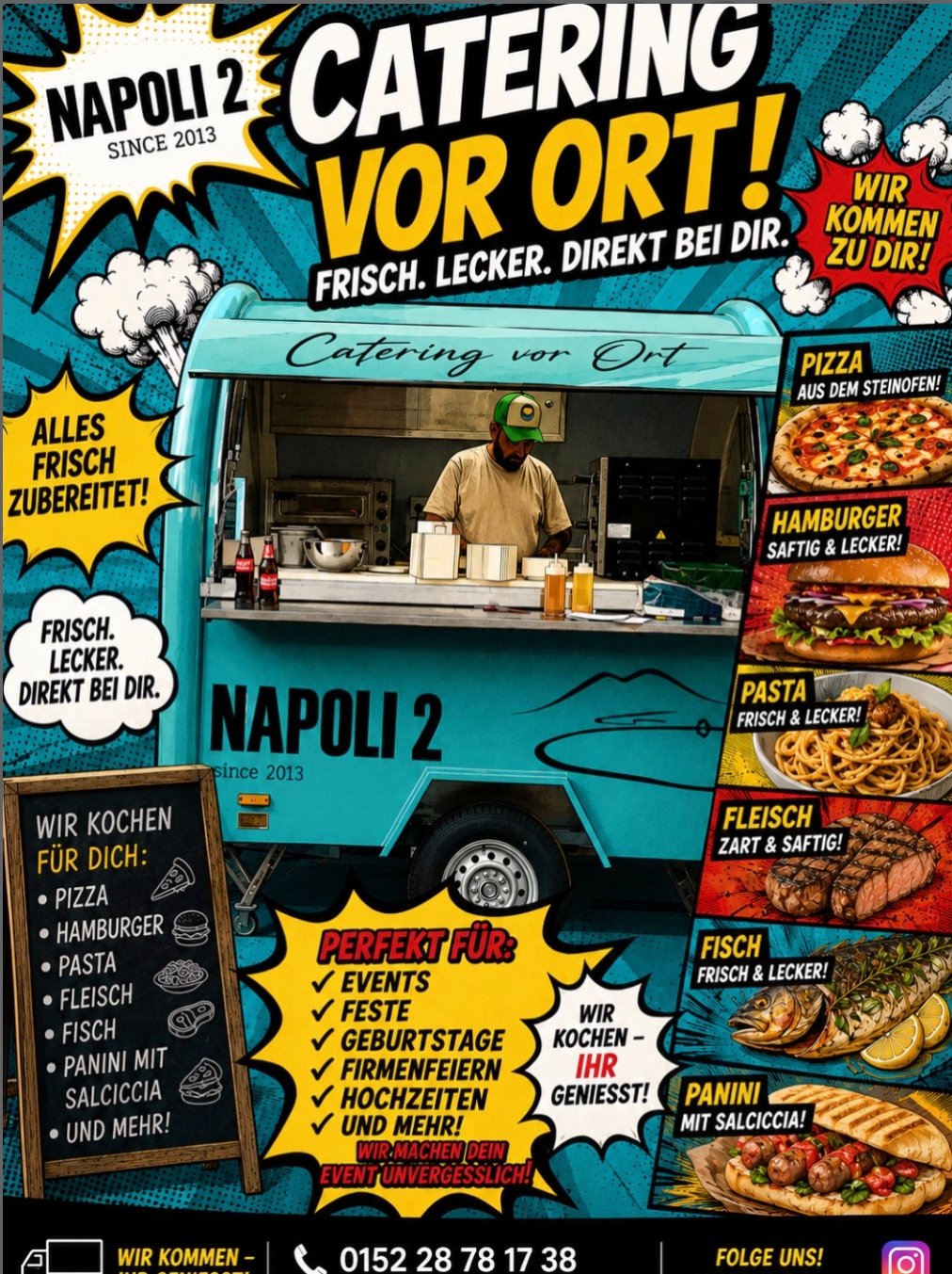 NAPOLI 2 Catering-Angebot mit Food Truck, Pizza, Burger, Pasta, Fleisch, Fisch und Panini