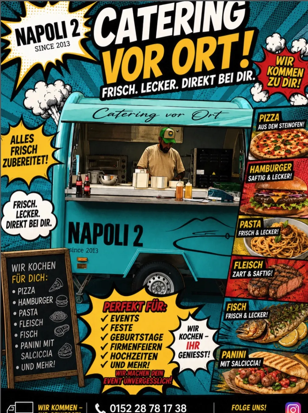 NAPOLI 2 Catering-Angebot mit Food Truck, Pizza, Burger, Pasta, Fleisch, Fisch und Panini